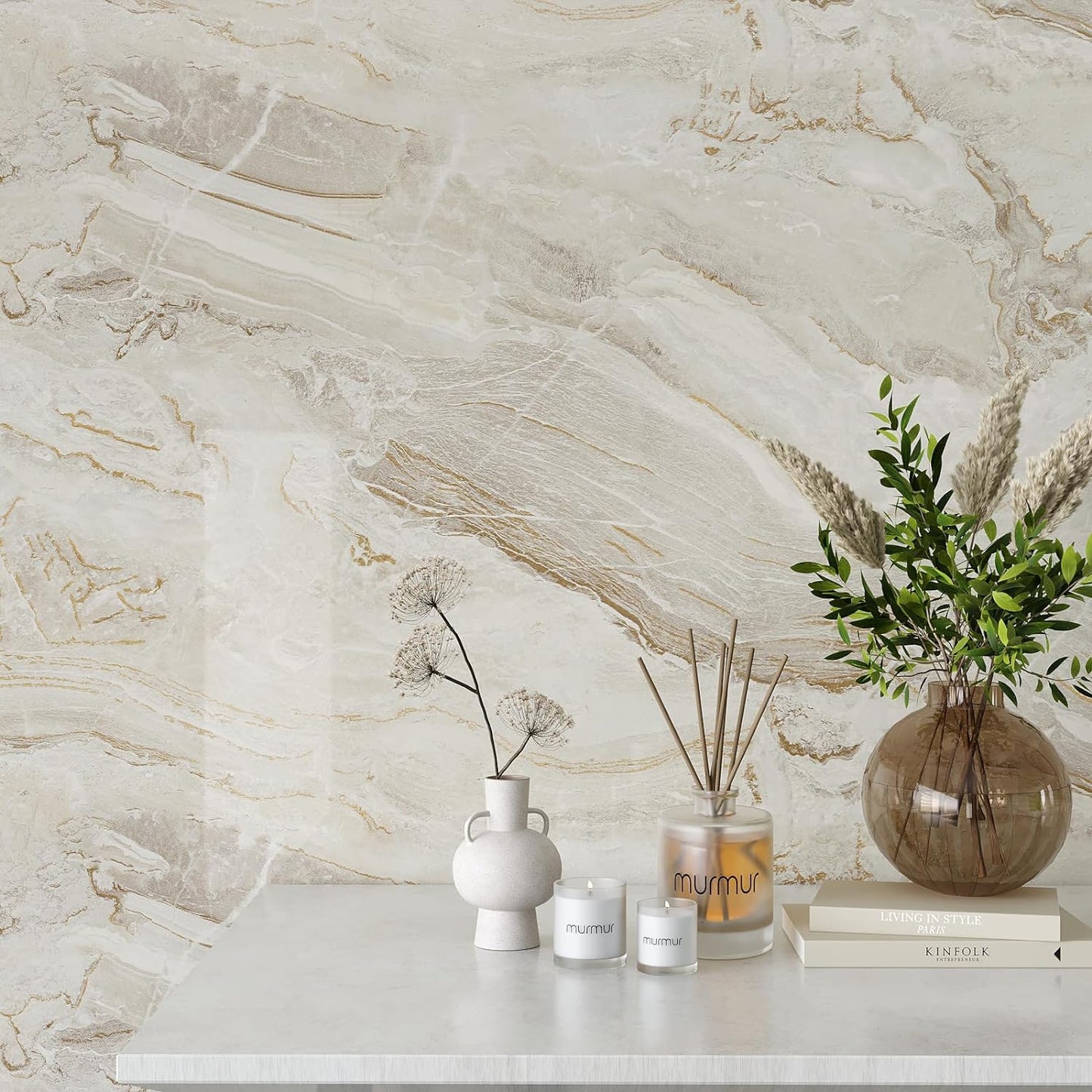 VEELIKE Large Size Marble Contact Paper Peel and Stick Countertops for Kitchen Waterproof Beige Gold Marble Wallpaper for Countertops Walls 32''x118'' Self Adhesive Countertop Vinyl for Bathroom Desk