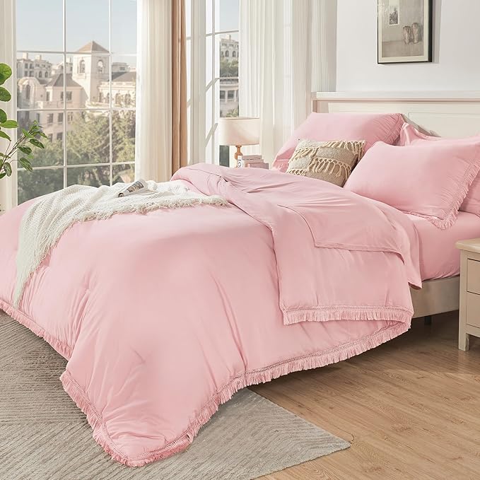 Andency Queen Comforter Set with Sheets Light Pink - 7 Pieces Boho Tassel Bed in a Bag Soft Lightweight Bedding Sets, Fringe Bed Set with Comforter, Sheets, Pillowcases & Shams