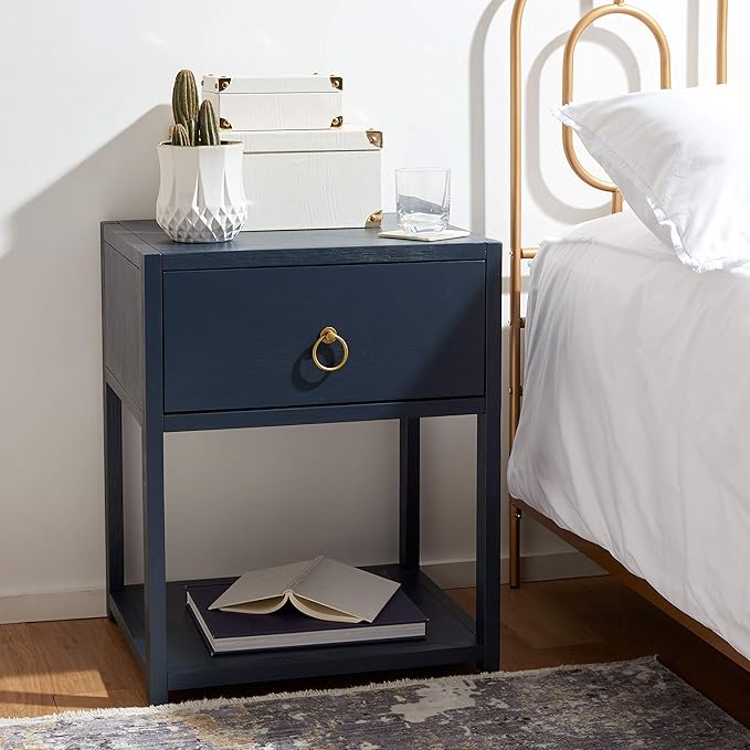SAFAVIEH Home Collection – Yudi Navy Nightstand with Drawer & Shelf, Contemporary Accent Storage Table, Fully Assembled (NST9201A)