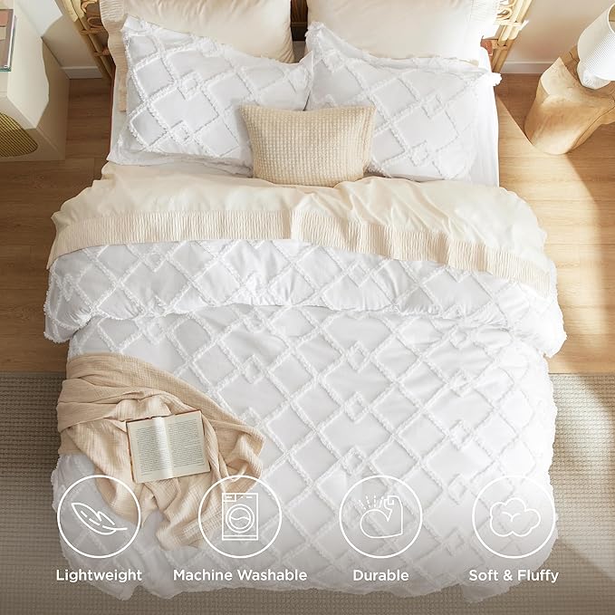 Bedsure Boho Comforter Set Queen - White Tufted Queen Size Comforter, 3 Pieces Farmhouse Shabby Chic Embroidery Bed Set, Soft Fluffy Geometric Pattern Bedding for All Seasons
