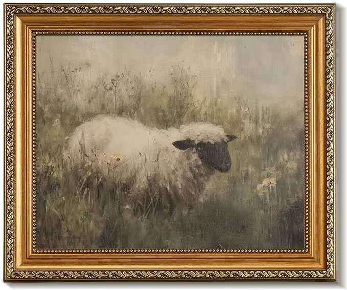 uniro Vintage Gold Framed Wall Art, Rustic Sheep Landscape Canvas Art Prints Painting, Moody Summer Countryside Sheep Pasture Picture Wall Decor, Rustic Animal Frame Art for Bedroom, Gallary, Living Room, Office, Farmhouse Cabin Decor- 8x10Inch