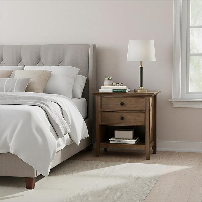 SIMPLIHOME Amherst Bedside Table - 24 inch Wide Solid Wood Nightstand Table in Rustic Natural Aged Brown, Transitional Bedroom Side or End Table with 2 Drawers, Open Storage Shelf and Bronze Hardware