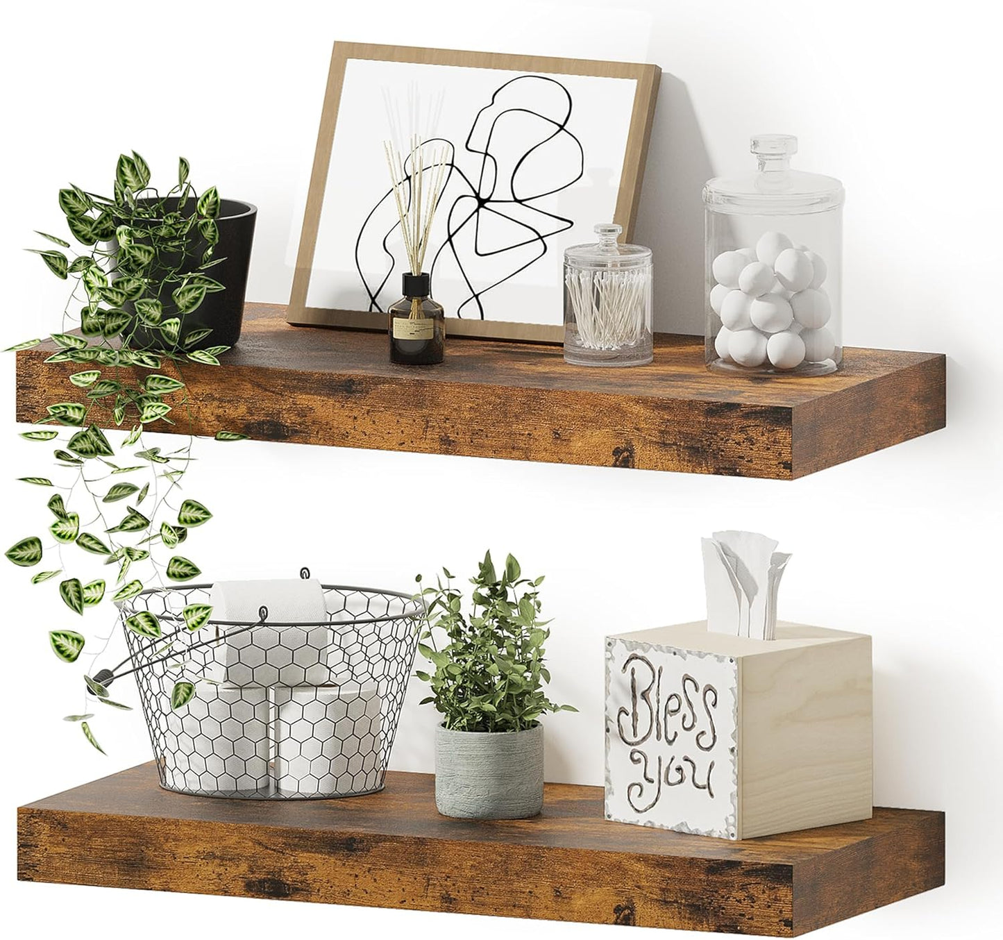 Floating Shelves for Wall, 16 inchs x 6.7” deep x 1.4” Bathroom Shelf Bedroom, Living Room, Kitchen, Farmhouse Decor, Rustic Wood Wall Shelves with Invisible Brackets - Set of 2, Rustic Brown