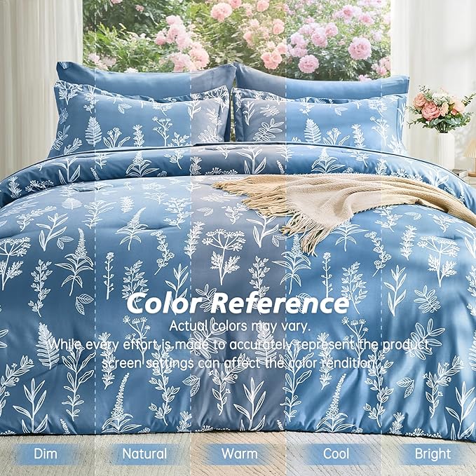 MUXHOMO Ice Blue Bed in a Bag King 7 Pieces, King Comforter Set Reversible Botanical Flowers Design, Ultra Soft & Breathable Bedding Sets with Comforter, Sheets, Pillowcases & Shams