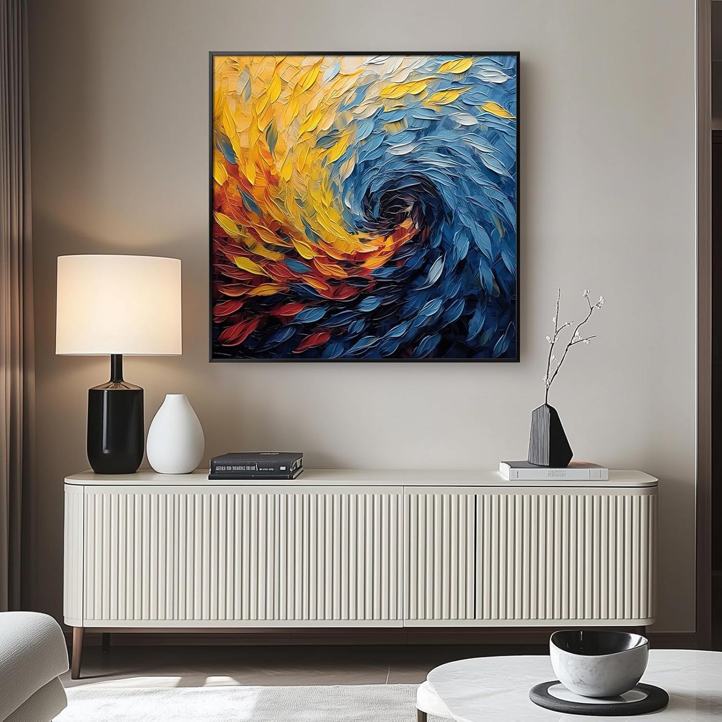 Large Framed Blue Modern Abstract Wall Art for Living Room, Minimalist Canvas Paintings Artwork for Walls, Blue Yellow Art Prints Pictures for Hallway Bedroom Office Wall Decor -30x30 Inch