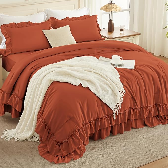 Andency Terracotta Queen Comforter Set (90x90Inch), 3 Pieces Lightweight Fluffy Ruffle Bedding Sets for Queen Bed, Farmhouse Shabby Chic Soft All Season Bed Set, Burnt Orange