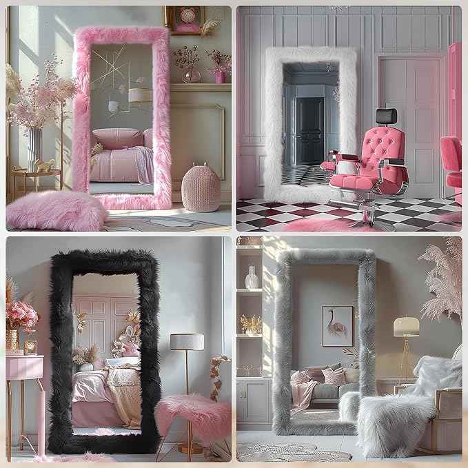 Full Length Mirror Free Standing Furry Faux Fur Framed Full Body Floor Mirror Wall Mounted Leaning Hanging Wall for Bedroom Hallway Entrance, 63"x24", Pink