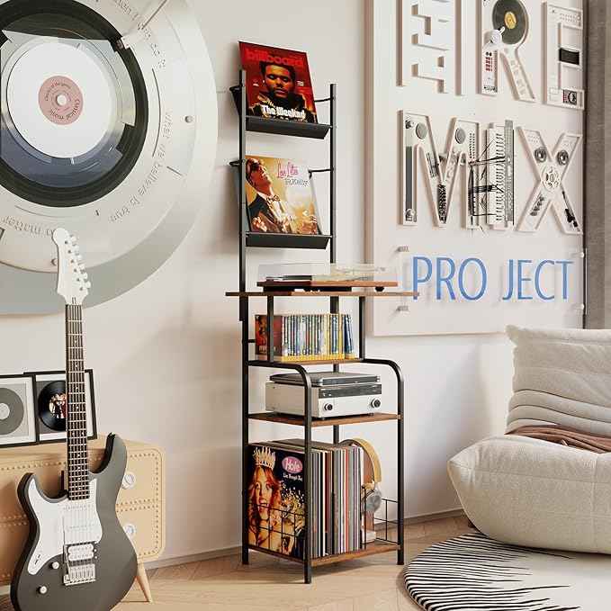 Record Player Stand with Vinyl Storage - 6-Tier Turntable Table with Adjustable Feet, Metal & Wood Cabinet - Console Organizer Display Shelf for Living Room, Apartment