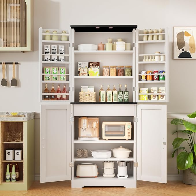 Shintenchi Kitchen Pantry Cabinet, Freestanding Farmhouse Storage Cabinet with 8 Door Shelves, 2 Cabinets and 1 Drawer, Tall Cupboard for Kitchen, Living Room, Dining Room and Bathroom, White