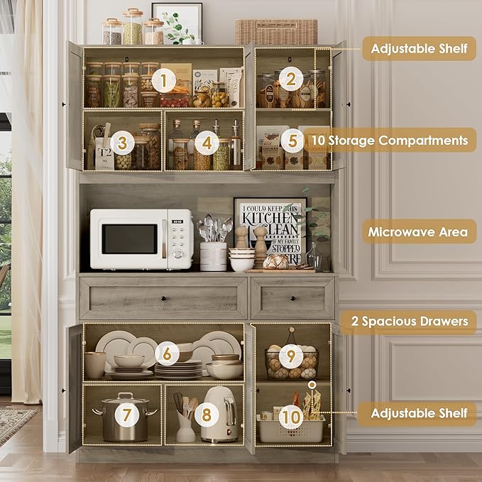 72" Kitchen Pantry Cabinet, Kitchen Hutch with Microwave Stand, Buffet Cabinet with Hutch for Dining Room, Ash Gray