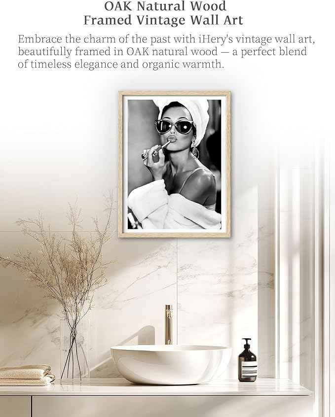iHery Natural OAK Wood Audrey Hepburn Trendy Framed Wall Art, 12x16 in Vintage Canvas Bedroom Wall Decor, Beige Logs Retro Bathroom Art, Better Late Than Ugly, Set of 1 Apartment Girly Dorm Room