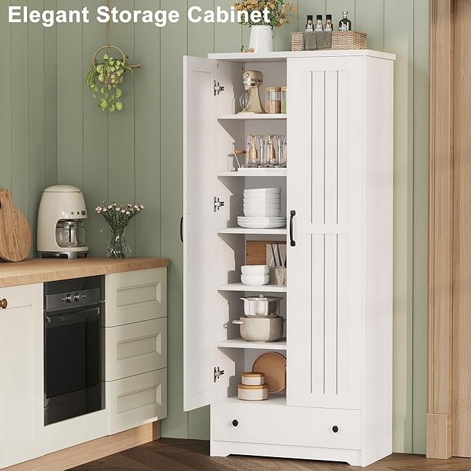 70" Tall Storage Cabinets, Large Wood Storage Pantry Cabinet with 6 Adjustable Shelves, 2 Striped Doors & Drawer, Standing Utility Cabinet for Kitchen, Bathroom, Dining Room, Antique (White)