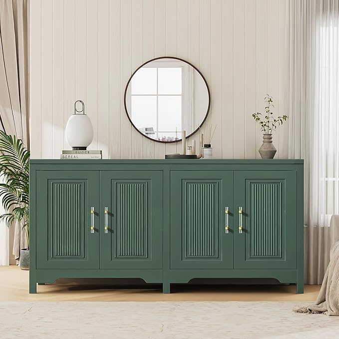 55" Buffet Cabinet with Storage, Modern Fluted Door Design Sideboard Buffet Cabinet with Adjustable Shelf, Coffee Bar Station for Kitchen, Dining Room, Green