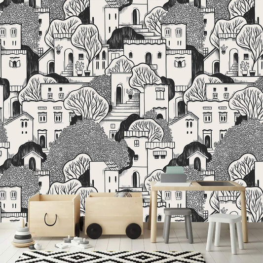AFZEVEB-Black House with Trees Nursery Wallpaper murals for Bedroom 136"x96" (Not Peel and Stick)