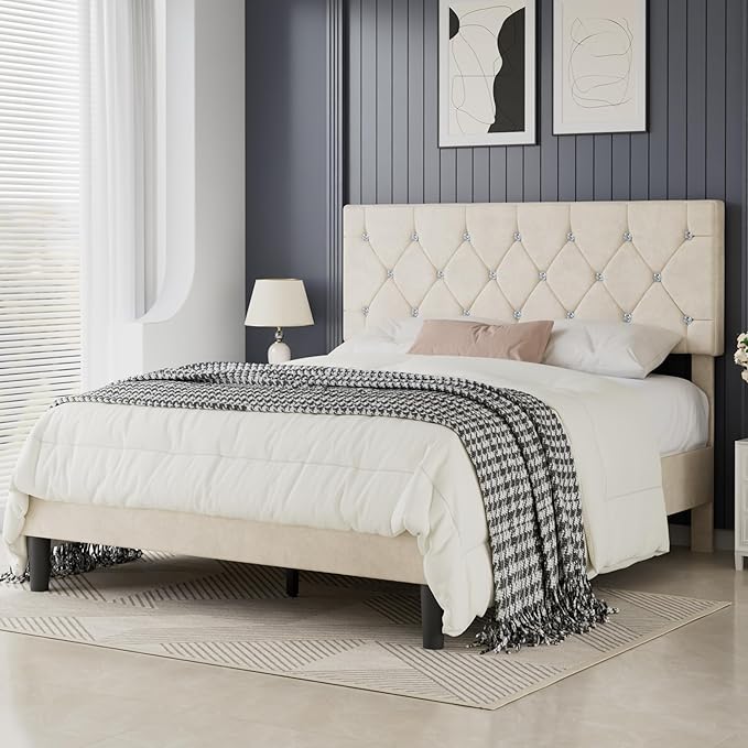 VECELO Queen Size Bed Frame, Upholstered Platform with Adjustable Diamond Tufted Headboard, Wood Slat Support, No Box Spring Needed, Pala Beige