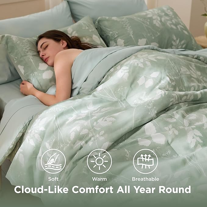 Bedsure Oversized Queen Comforter Set - 7 Pieces Floral Bedding Sets Sage Green Oversized Queen Bed in a Bag with Reversible Botanical Flowers Comforter, Sheets, Pillowcases & Shams