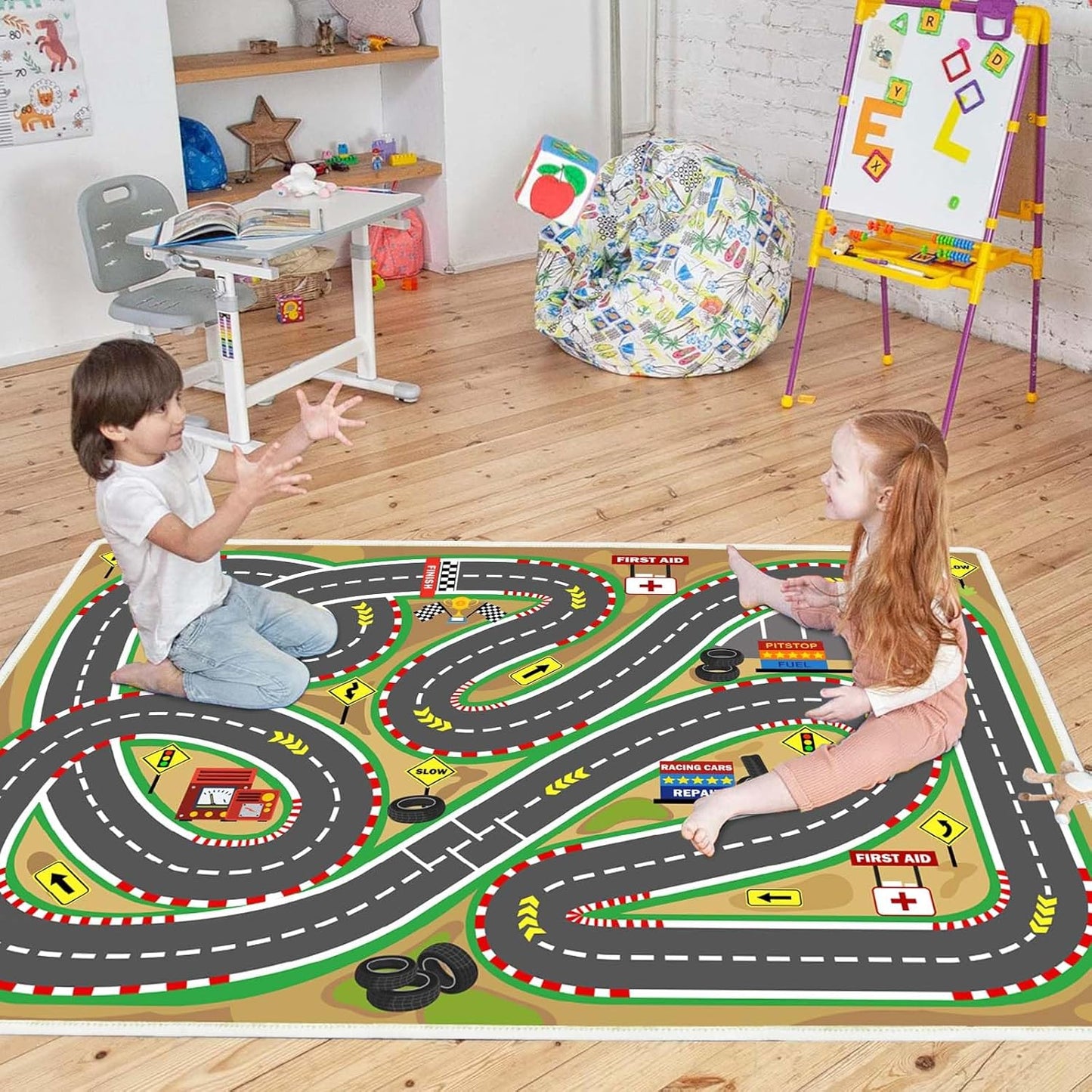 Kids Rug Play mat Playroom Rugs Car Rugs for Kids Toy Cars Race Track for Classroom Rug (Race-Brown, 4x6ft)