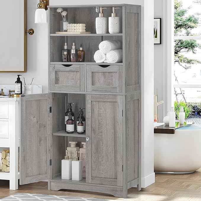 Iwell Storage Cabinet with 2 Drawers & Adjustable Shelf, Tall Bathroom Cabinet with Doors, Cupboard, Kitchen Cabinets for Living Room, Dining Room, Entryway, Grey
