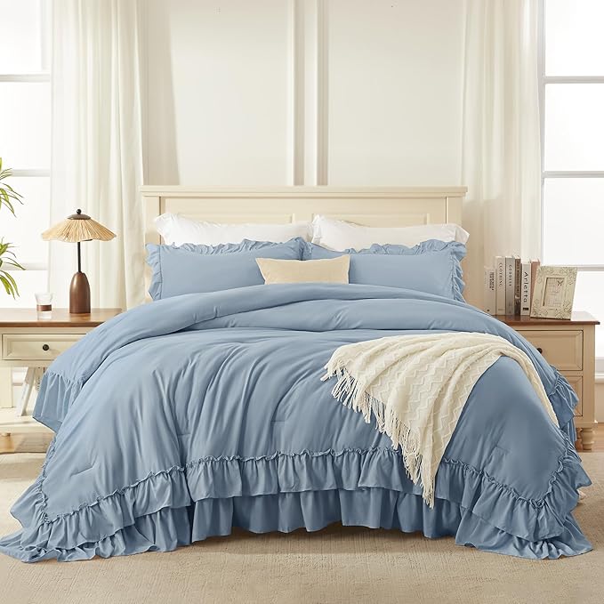 Andency Oversized Queen Ruffle Comforter Set, 3 Pieces Shabby Chic Farmhouse Bedding Set, Lightweight Soft Comforter Set 98x98 for Girls Women (1 Comforter 2 Pillowcases), Grayish Blue