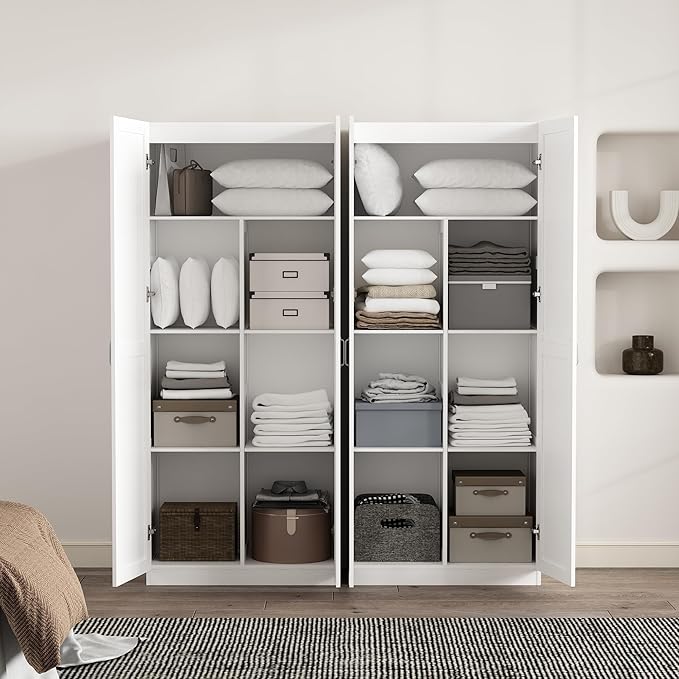 Manhattan Comfort Cornelia Modern Tall Storage Cabinet with Doors and Adjustable Shelves 1.0 - Freestanding Pantry Organizer for Kitchen, Laundry Room, Garage, or Mudroom, Set of 2, White