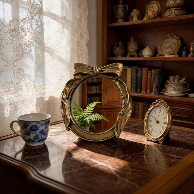 Vintage Round Vanity Desk Mirror - 6x6Inch Wall-Mounted & Tabletop Decorative Ornate Gold Accent Retro Makeup Mirror for Bedroom Dresser Living Room Bathroom Dorm Champagne Gold