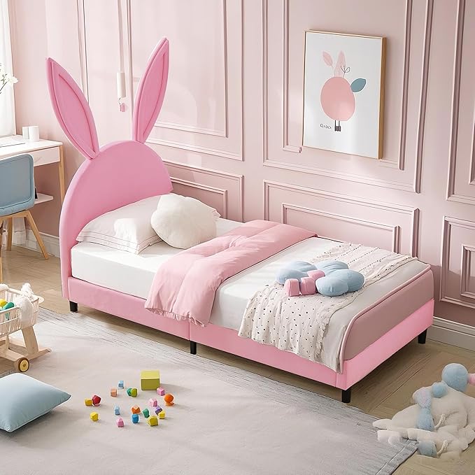 VECELO Twin Size Bed Frame with Storage Organizer, Heavy-Duty Platform with Rabbit Shaped Headboard for Girls Kids Room, Storage Organizer, Easy Assembly, Pink