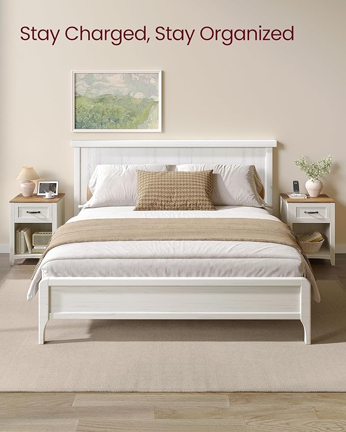 VASAGLE LIRY Collection - Farmhouse Nightstands with Charging Station, Set of 2 Bedside Tables, Side Tables with Drawer, Open Compartment, for Bedroom, Rustic White and Honey Brown ULET859K41