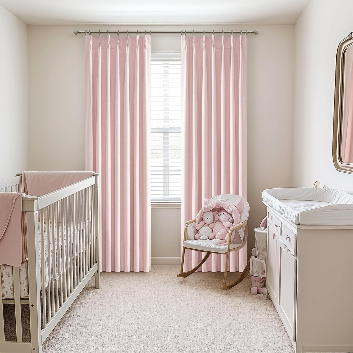 Baby Pink Blackout 102 Inch Long Curtains for Living Room, Farmhouse Textured Linen Pinch Pleat Thermal Insulated Boho Curtain 2 Panels Set for Sliding Glass Door 40 x 102 Length Window Drapes Burg