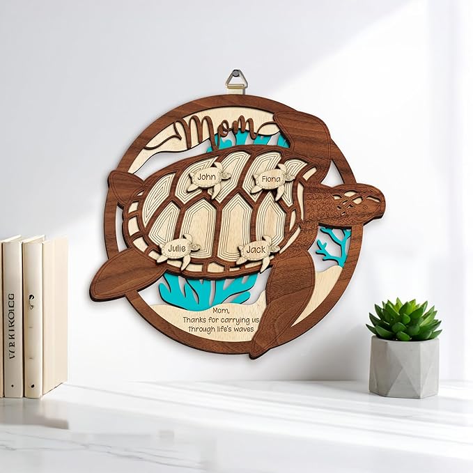 Personalized Sea Turtle Family Sign for Mom, Custom Wooden Little Turtles Plaque with Kids Names, Mother’s Day Birthday Gift for Mom, Grandma, Memaw, Turtle Gifts for Women, Office Home Decor