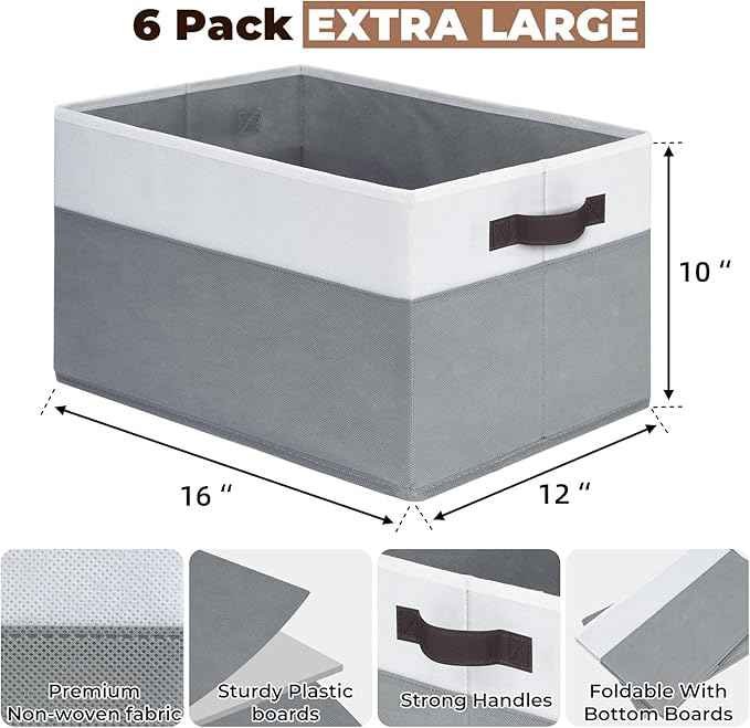Criusia 6 Pack Clothes Bins for Organization - 16x12 Extra Large Storage Baskets for Shelves Closet Bedroom - Toy Storage Organizer Bins Boxes Cubes for Nursery - RV Apartment Essentials