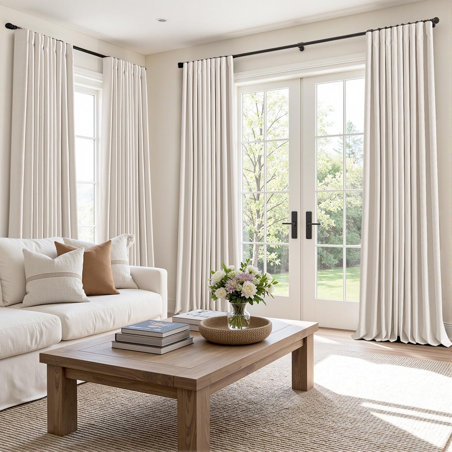 MIULEE 100% Blackout Curtains 108 Inch Long 2 Panels for Bedroom, Thick Luxury Faux Linen Black Out Curtain Room Darkening Back Tab Pleat Window Textured Drapes with Hooks for Living Room, Ivory