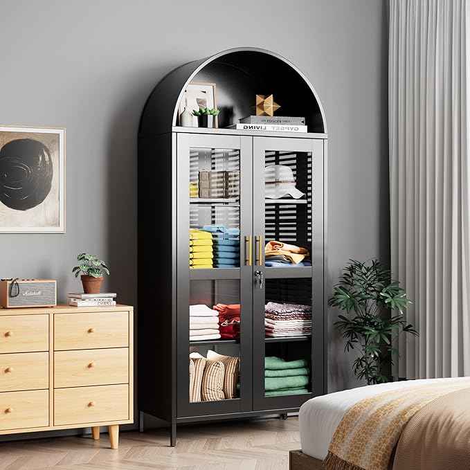 78.74" H Metal Arched Cabinet with Lock and LED Light Strip, Metal Display Cabinet with Glass Doors and Adjustable Shelves,Suitable for Dining Room, Home, Assembly Required,Black