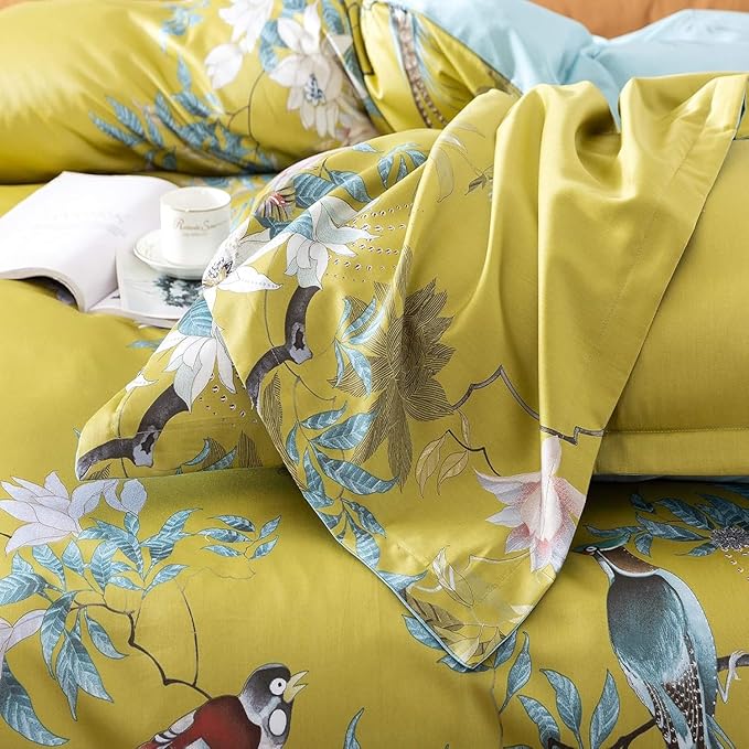 Vintage Style Flower Bird Comforter Set Queen Fluffy Soft Vibrant Color Floral Comforter Set Garden Style Bird Flower Botanical Comforter with 2 Pillowcases Queen Size Bed Comforter for All Seasons