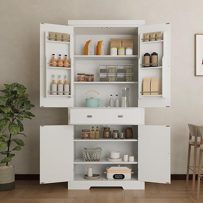 72" Tall Kitchen Pantry Cabinet with 6 Door Shelves, 2 Cabinets & 4 Adjustable Shelves, Freestanding Storage Cabinet for Kitchen, Living Room, Dining Room, White