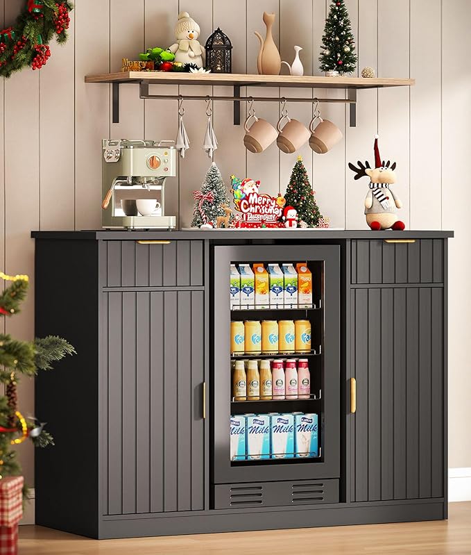 53" Fluted Coffee Bar Cabinet with Fridge Space - Wine Bar Cabinet with Drawer & Door Storage, Mini Fridge Stand with Power Outlet for Kitchen Dining Room, Black