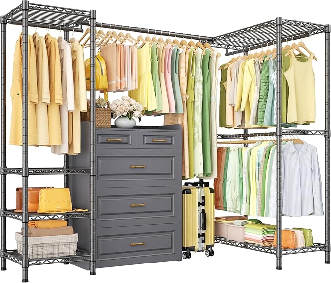 E10L L-Shaped Clothes Rack for Corner（With Expandable Hanger Rod）Heavy Duty Freestanding Clothing Racks for Hanging Clothes，Portable Garment Rack 58-82"W x 30"D x 72"H，Max Load 900LBS，Grey