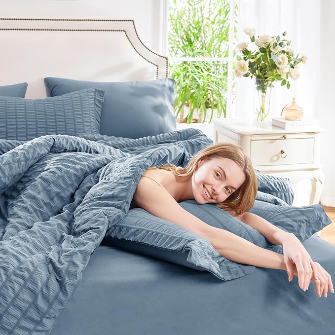 CozyLux Grayish Blue King Size Comforter Set Seersucker 7 Pieces Dusty Blue Bed in a Bag King Comforter Set with Sheets, Luxury Bedding Set with Down Alternative Comforter, Sheets, Pillowcases & Shams