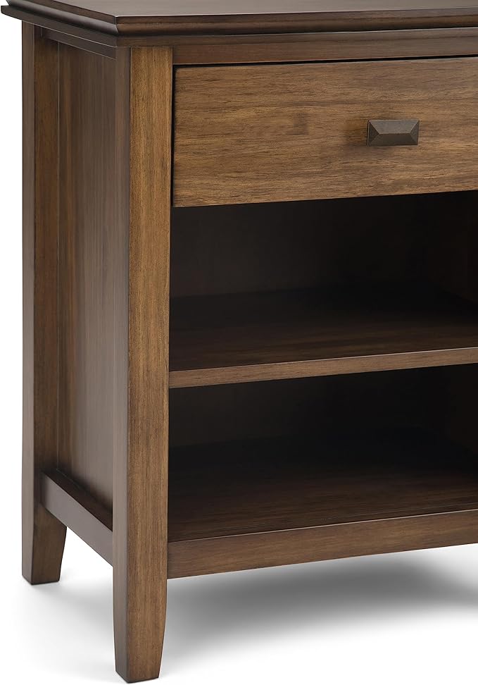 SIMPLIHOME Artisan Bedside Table - 24 inch Wide Solid Wood Nightstand Table in Rustic Natural Aged Brown, Contemporary Bedroom Side or End Table with 1 Drawer, Open Shelf Storage and Bronze Knobs