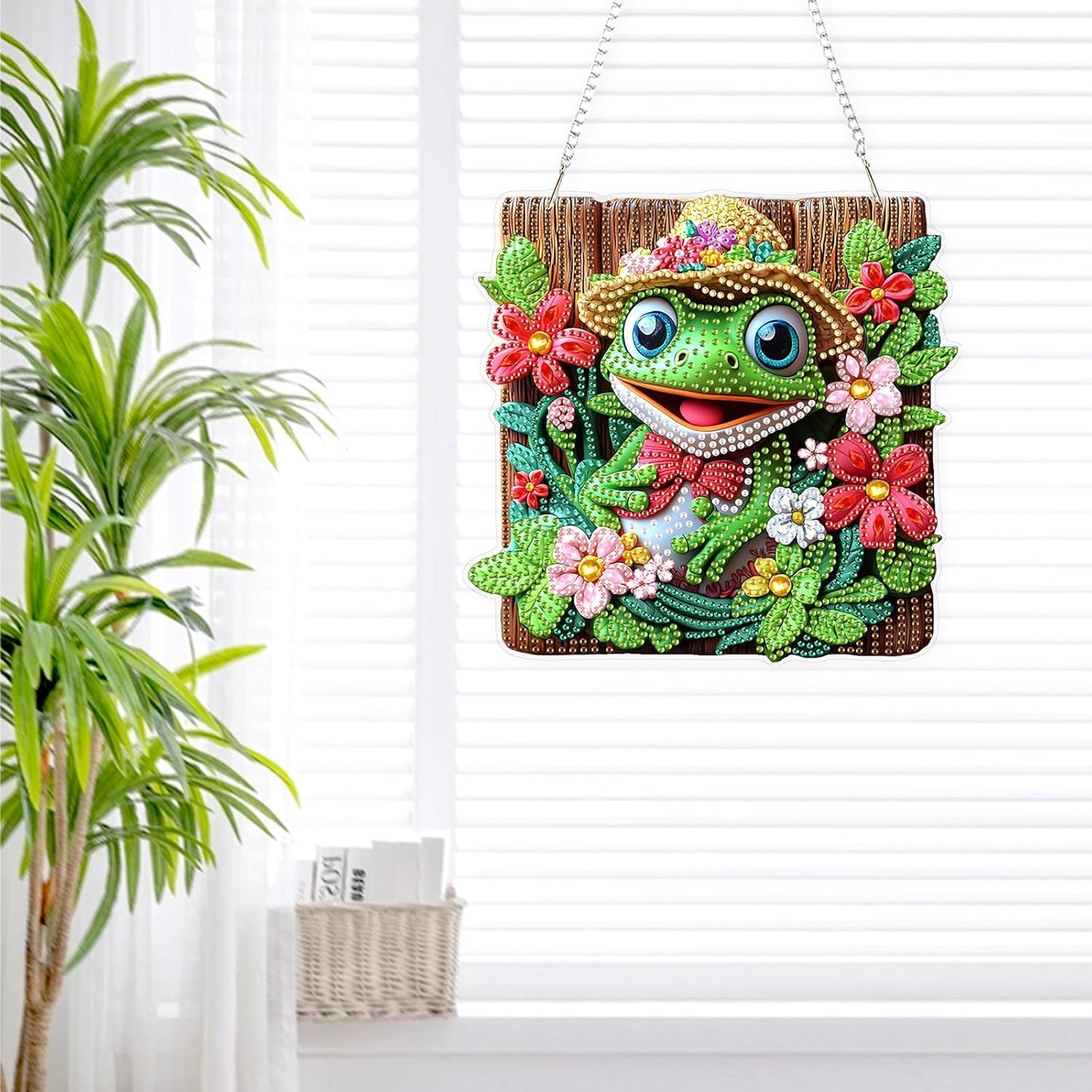 Lxmsja DIY Cute Frog Diamond Painting Hanging Ornament, Double-Sided Acrylic Flowers Diamond Art Kit, Special Shaped Drill Pendant Window Art Kit, Suncatcher Hanging Craft Decoration 8x8 inch