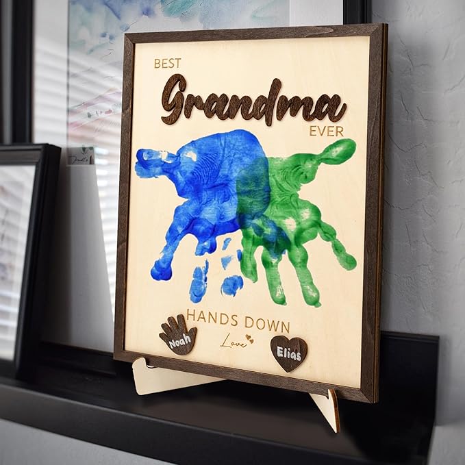 Best Grandma Ever DIY Hands Down Sign Wooden Handprint Frame DIY Gifts, Mother's Day Personalized Gifts for Mom Grandma from Daughter, Son, Kids, Family Memories Sign with Kids Names, Custom Birthday Gift for Mom