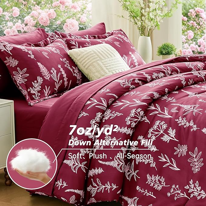 MUXHOMO Burgundy Bed in a Bag Queen 7 Pieces, Queen Comforter Set Reversible Botanical Flowers Design, Ultra Soft & Breathable Bedding Sets with Comforter, Sheets, Pillowcases & Shams