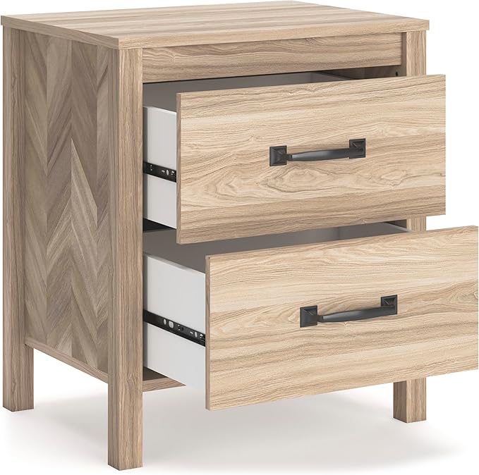 Signature Design by Ashley Battelle Mid-Century Modern Nightstand with Chevron Pattern, 2 Storage Drawers, Dark-Color Hardware, Wood, 24.5" High, Light Brown