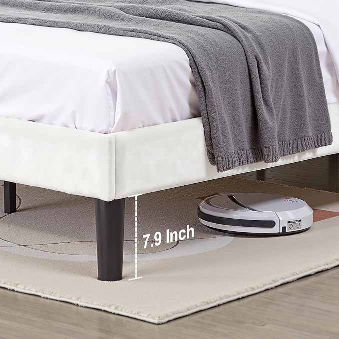 VECELO Queen Size Bed Frame with Velvet Upholstered Headboard, Platform Bedframe Mattress Foundation, Sturdy Wooden Slats Support,No Box Spring Needed Noise Free/Easy Assembly, White
