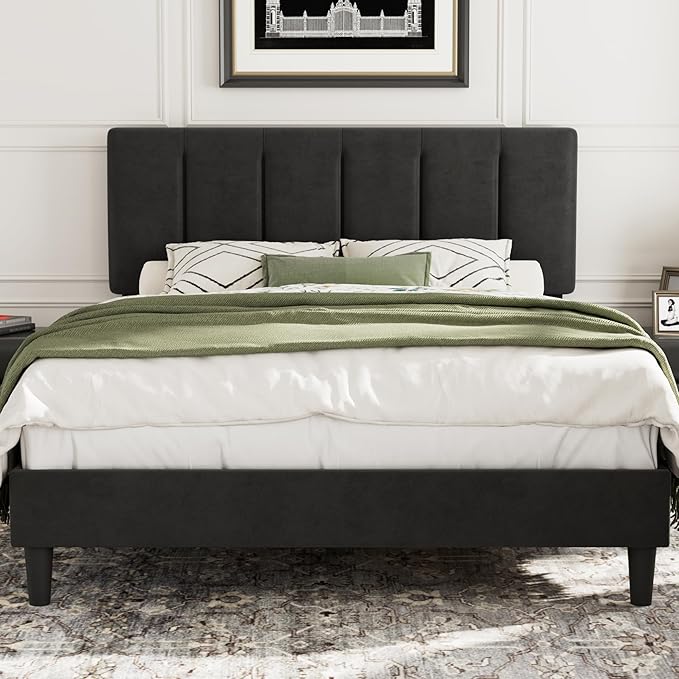 VECELO Queen Bed Frame with Upholstered Headboard, Heavy-Duty Platform Bedframe with Strong Wooden Slats Support, No Boxing Spring Needed, Velvet & Black