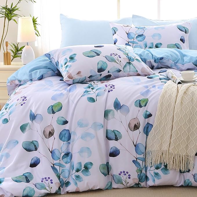 MUXHOMO Bed in a Bag Queen 7 Pieces, Queen Comforter Set Reversible Blue Botanical Flowers Design, Ultra Soft & Breathable Bedding Sets with Comforter, Sheets, Pillowcases & Shams