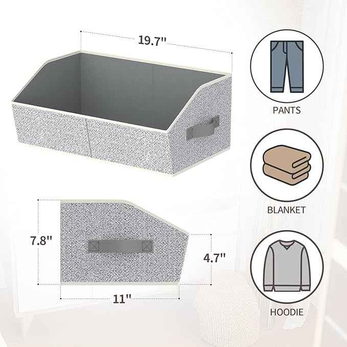 Storage Bins for Shelves - Large Trapezoid Closet Shelf Organizer, Fabric Organization Bins with Handles, Storage Baskets for Clothes, Towel, Purse, 4 Pack, Light Gray