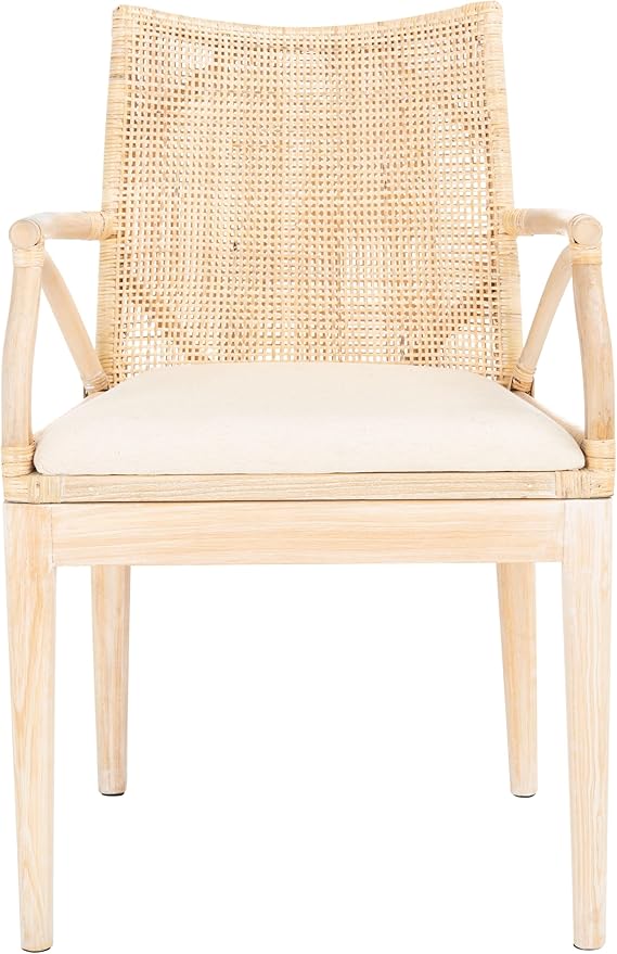 SAFAVIEH Home Collection - Gianni Natural & White Wash Solid Wood Rattan Arm Chair, Tropical Coastal Accent Seating for Living Room or Dining Space (SEA4011B)