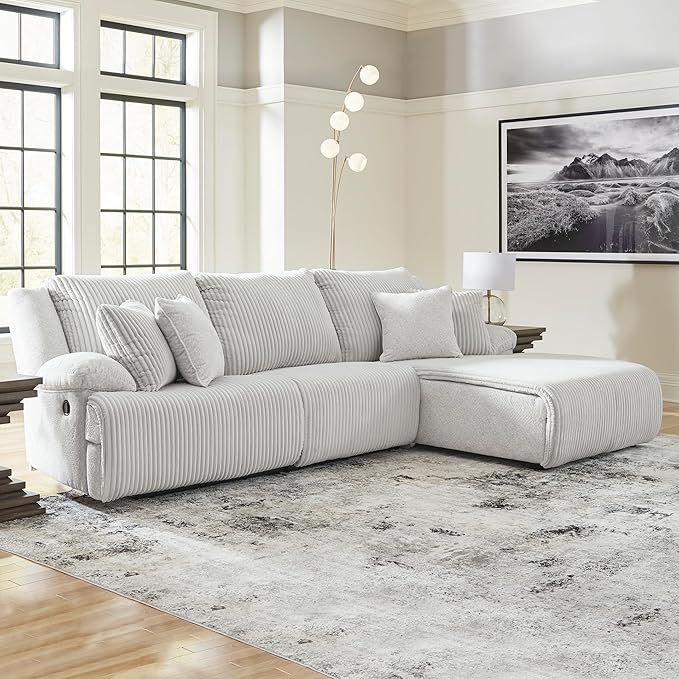 Signature Design by Ashley Top Tier Casual Manual Reclining Right-Arm Facing 3-Piece Sectional Sofa Chaise with 4 Accent Pillows, Light Gray