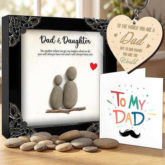 Dads Gifts from Daughter, 5.5" Pebble Art Frame Dad & Daughter Plaque, Engraved Daddy Keychain, Thank You Card, Best Dad Ever Gift Set, Fathers Day Present, Birthday Gift for Husband S199-55