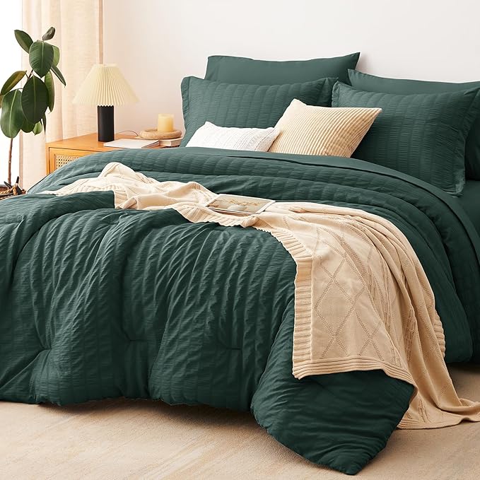 CozyLux Twin Comforter Set with Sheets 5 Pieces, Forest Green Seersucker Textured Bed in a Bag, Luxury Soft Bedding Set with Down Alternative Comforter, Sheets, Pillowcases & Shams for All Seasons